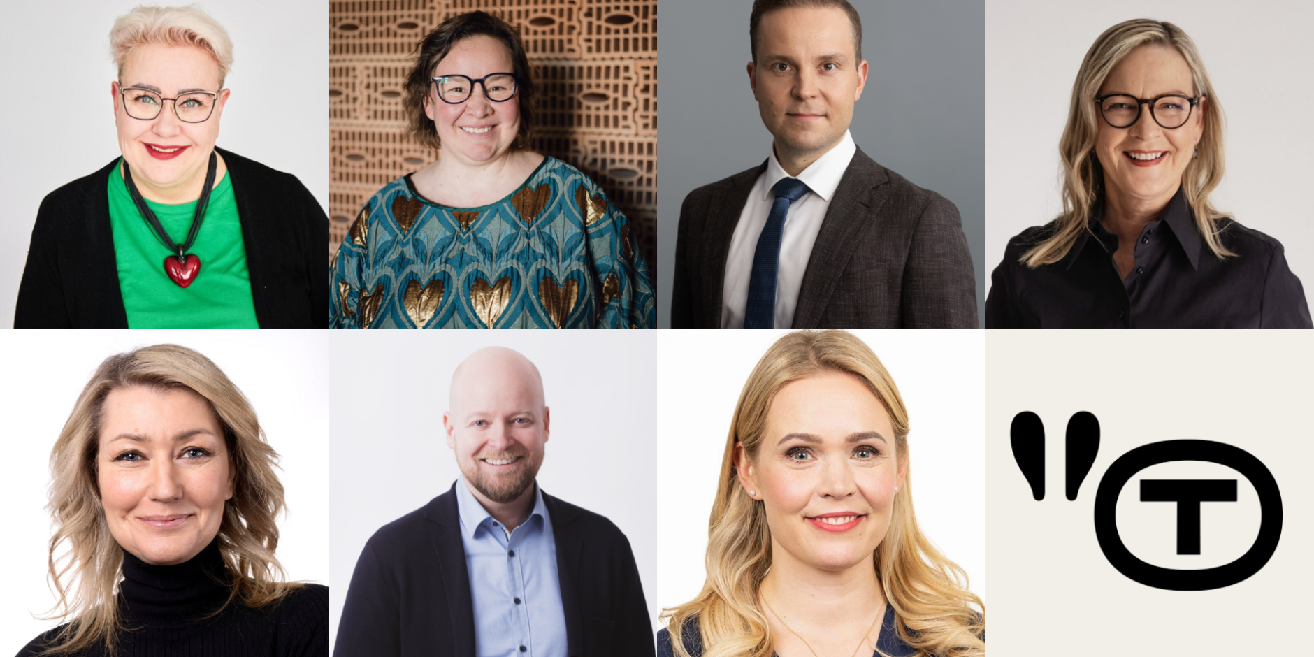 Eurovaaliehdokkaat Sirpa Pietikäinen, Rosa Meriläinen, Petri Honkonen, Eva Biaudet, Maria Guzenina, Jussi Saramo ja Sara Seppänen. Valokuvat: ehdokkaiden verkkosivut ja eduskunta.fi