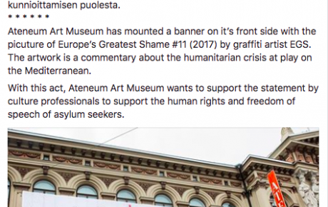 Ateneum tukee turvapaikanhakijoiden ihmisoikeuksia EGSin banderollin avulla
