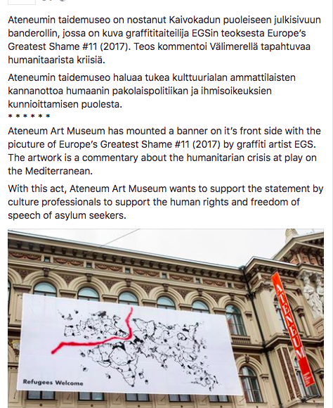 Ateneum tukee turvapaikanhakijoiden ihmisoikeuksia EGSin banderollin avulla